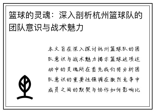篮球的灵魂：深入剖析杭州篮球队的团队意识与战术魅力